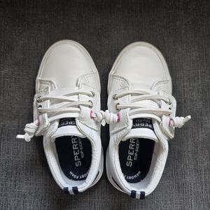 Sperry Kids White & Navy Lace-Up Boat Sneakers with Pink Accents